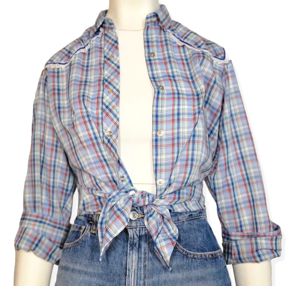 VINTAGE WRANGLER 1980s Plaid Pearl Snap Button Up Western Shirt Blue